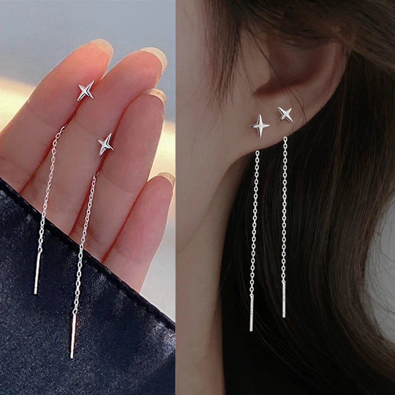 JWER S925 Silver Needle Star Line Earring for Women Tassel Drop Earring Long Chain Beads Piercing Earring Asymmetry Ear Jewelry Vera Lux