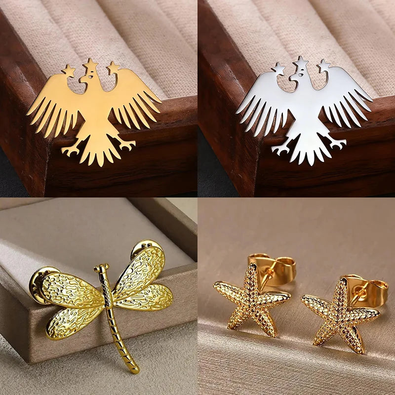 Gold Color Punk Eagle Brooch For Women Men Fashion Geometric Animals Emblem Charm Stainless Steel Jewelry Birthday Father Gift Vera Lux