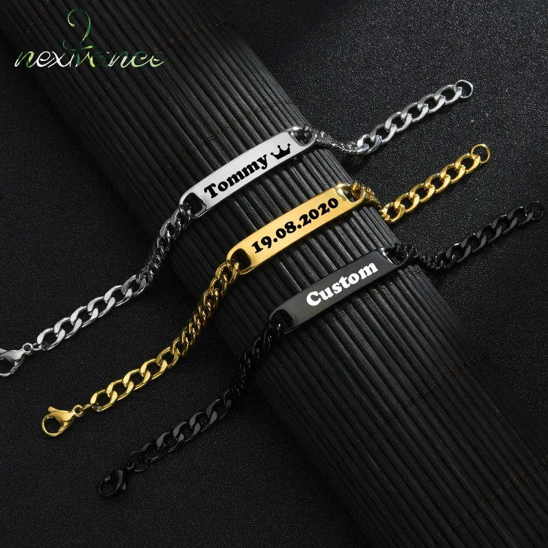 Nextvance Custom Name Bar Bracelets Engraved Date Letters For Men Stainless Steel Personalized Thick Chain Bracelet Jewelry Gift Vera Lux