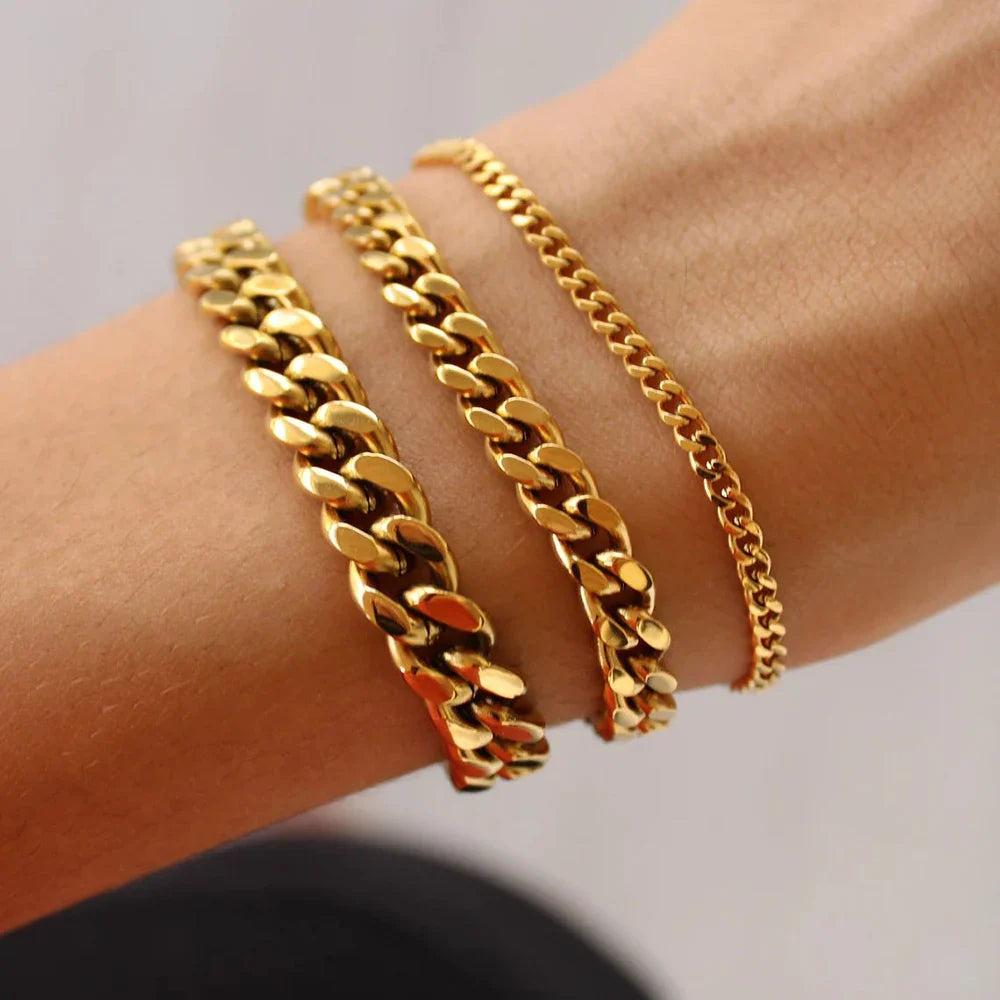 Stainless Steel Chain Bracelet Women, 3mm to 9mm Curb Cuban Chain Bangle Gold Color Unisex Wrist Stackable Jewelry Vera Lux