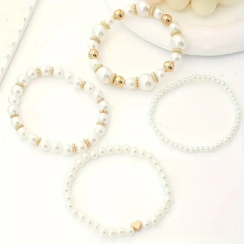 New 4 Pcs/Set imitation Pearl Beaded Bracelets Set for Women Fashion Gold Color Heart Big Pearl Bracelet Trendy Jewelry Gifts Vera Lux