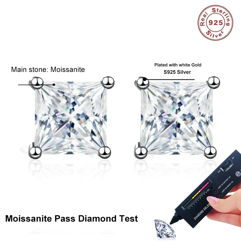 NeeTim 1ct 2ct Princess Cut Moissanite Earrings s925 Sterling Silver Plated with White Gold Plated Ear Studs for Women Jewelry Vera Lux