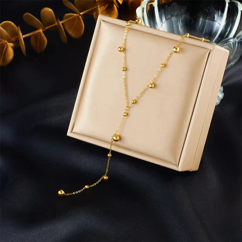 316L Stainless Steel Gold Color Beads Long Pendant Necklace For Women Fashion Choker Clavicle Chain Jewelry Gift Wedding Vera Lux