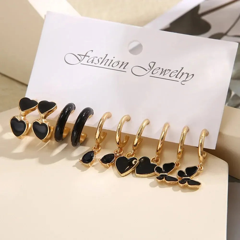 Simple 11 Pcs Black Heart  Leaf Butterfly Earrings Set for Women Fashion Temperament Hoop Earring Holiday Wedding Jewelry Gift Vera Lux