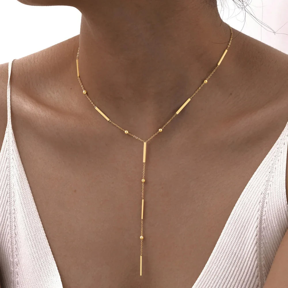 Beaded Long Chain Y Shape Necklace For Women, Minimalist Drop Bar Pendant Choker Necklaces, Clavicle Chain Jewelry Vera Lux