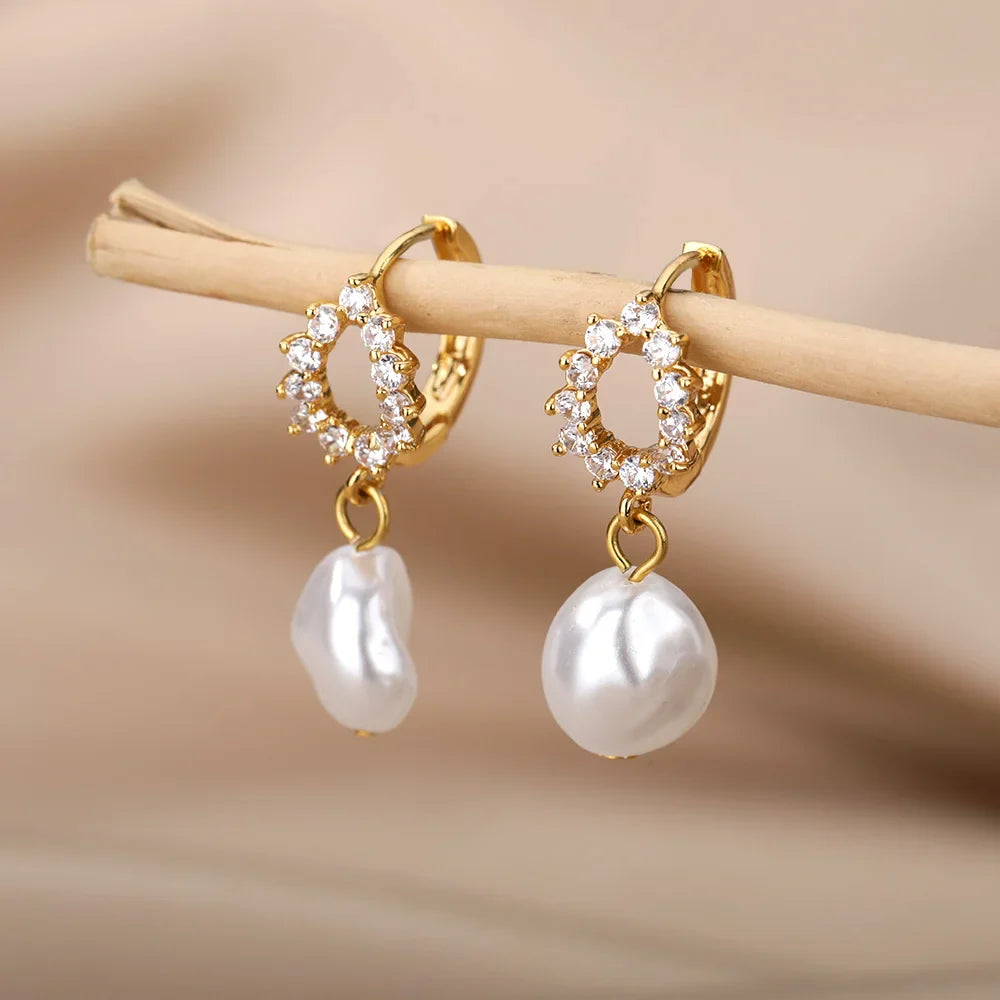 Fashion Circle Imitation Pearl Drop Earrings for Women Gold Color Stainless Steel Round Geometric Hoop Earring Wedding Jewelry Vera Lux