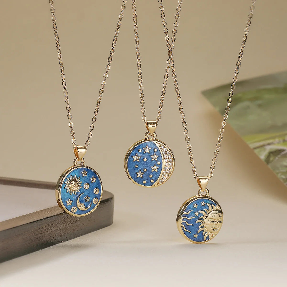 NEWBUY Delicate Blue Oil Dripping Star Moon Sun Round Pendant Necklaces For Elegant Women Bitrhday Gift Vera Lux