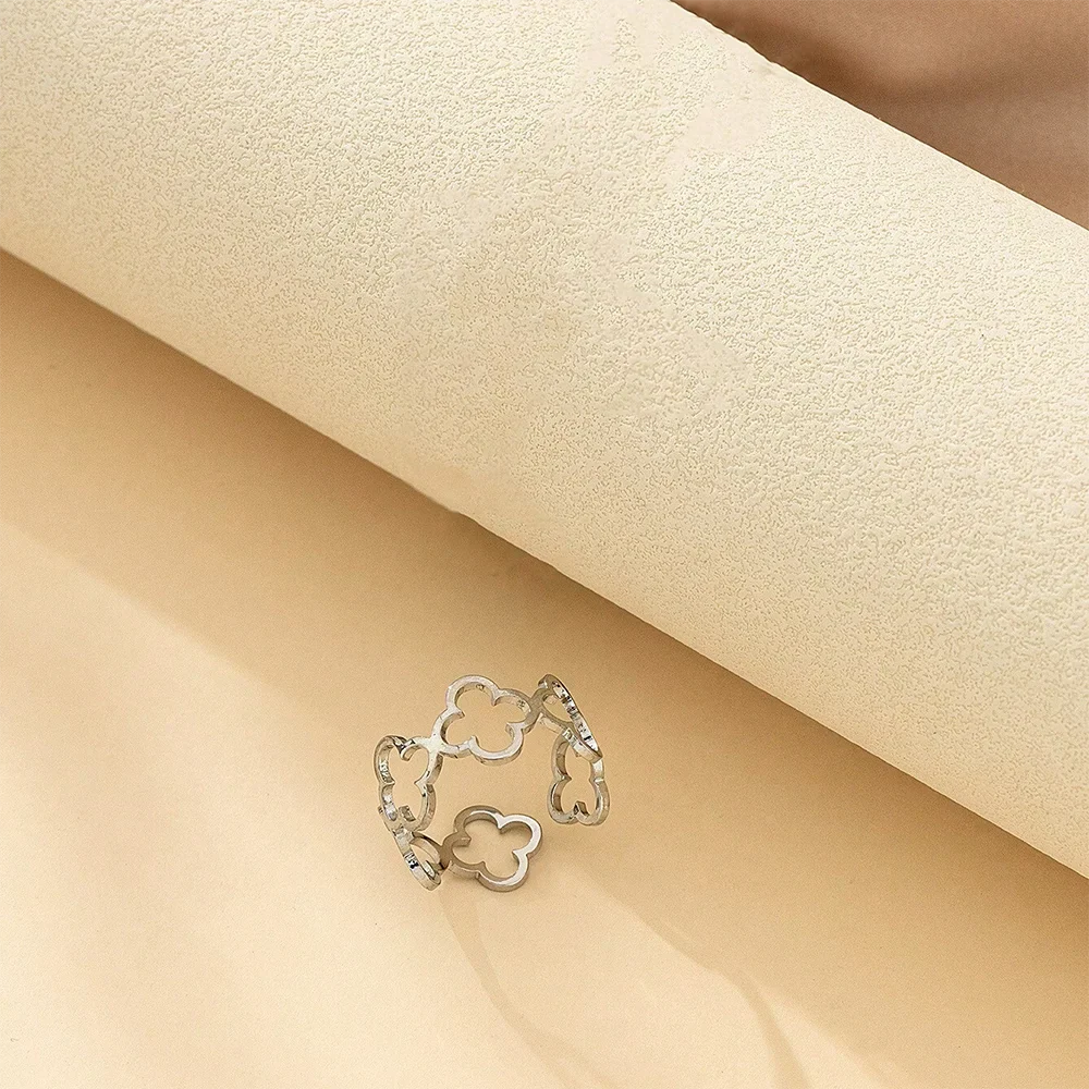 DOTIF Stainless Steel Lucky Hollow Four-Leaf Clover Ring Female Fashion Simple Opening Adjustable Finger Jewelry Party Gifts Vera Lux