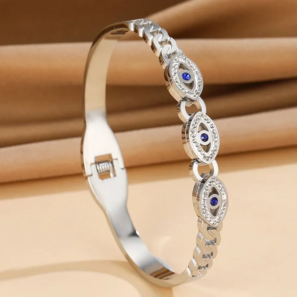 Fashion Stainless Steel Bracelet For Women Men Evil Eye Cuff Bangles Gold Plated Spring Buckle Lucky Amulet Jewelry Accessories Vera Lux