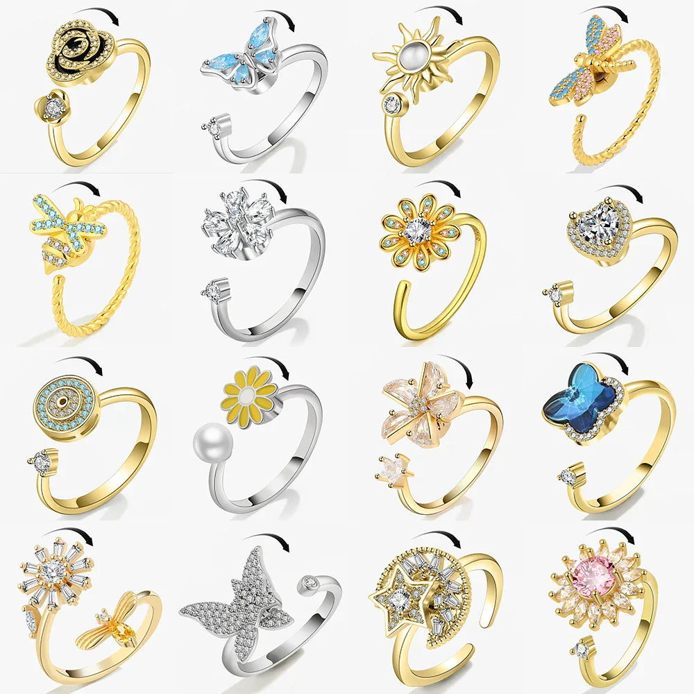 SMJEL Fidget Spinner Ring Anxiety for Women Multiple Crystal Flower Eye Butterfly Animal Ring Rotate Anti Stress Wedding Jewerly Vera Lux