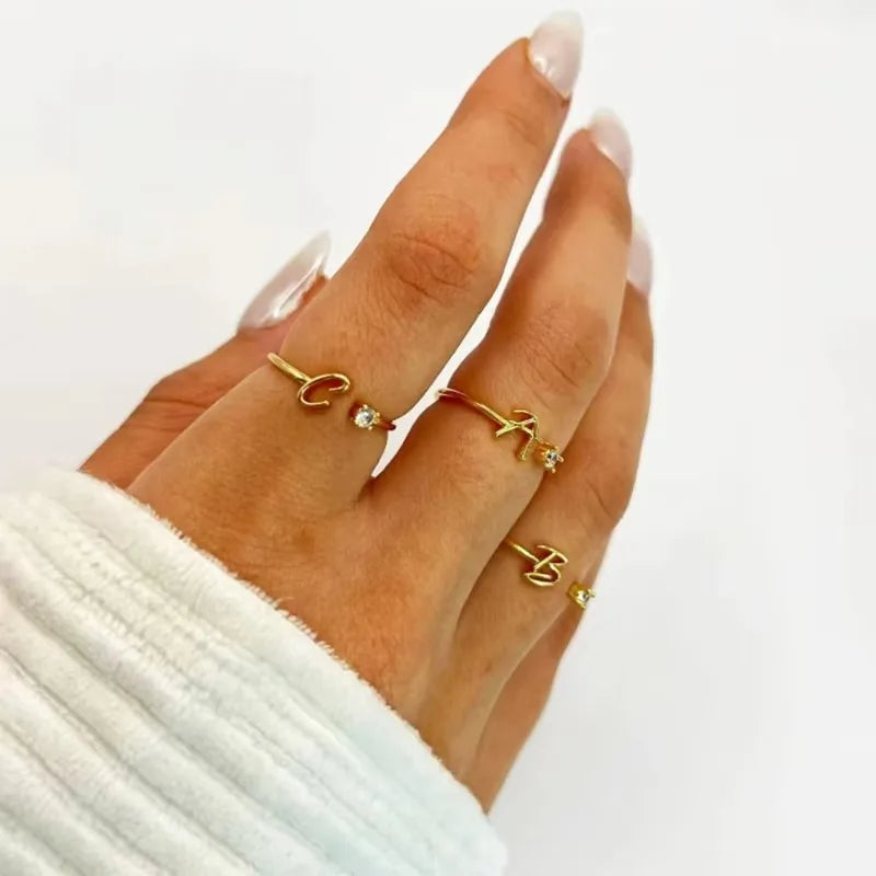 Zircon Tiny Initial Letter Rings For Women Stainless Steel A-Z Letters Adjustable Ring Female Christmas Aesthetic Jewelry Gift Vera Lux
