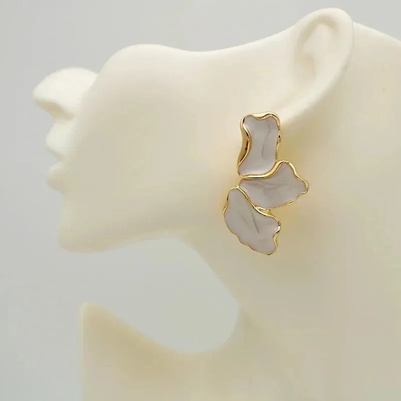 Metal Flower Cream Epoxy Earring Stud Women Fashion Gold Color Plating Irregular Post Earrings Heavy Design Statement Earrings Vera Lux