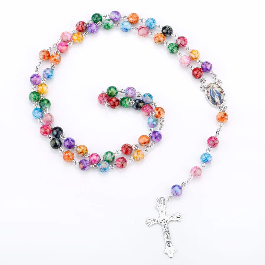 Religion Rosary Prayer Necklace For Women Virgin Mary INRI Cross Pendant Colorful Acrylic Beads Chain Christian Party Jewelry Vera Lux