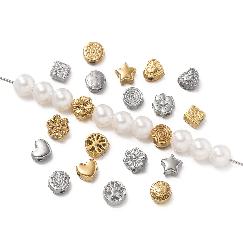 10Pcs/Pack Stainless Steel Various Shape Gold Steel Color Texture Spacer Beads for DIY Bracelet Jewelry Making Accessories Vera Lux