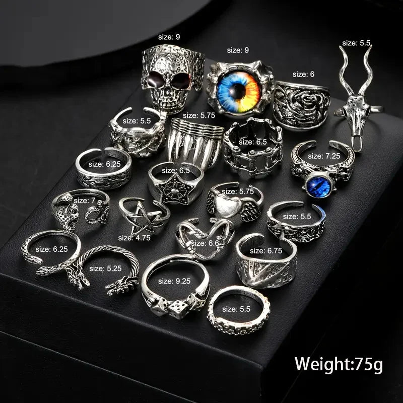 20Pcs/Set Retro Punk Gothic Rings for Women Men Silver Color Heart Evil Eyes Skull Snake Pentagram Rings Set Trendy Jewelry Gift Vera Lux