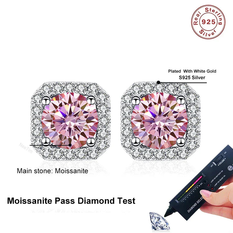 NeeTim 0.5ct 1ct Pink Moissanite Studs Earrings for Women 925 Sterling Silver Black Blue Grey Sparkling Lab Diamond Stud Earring Vera Lux