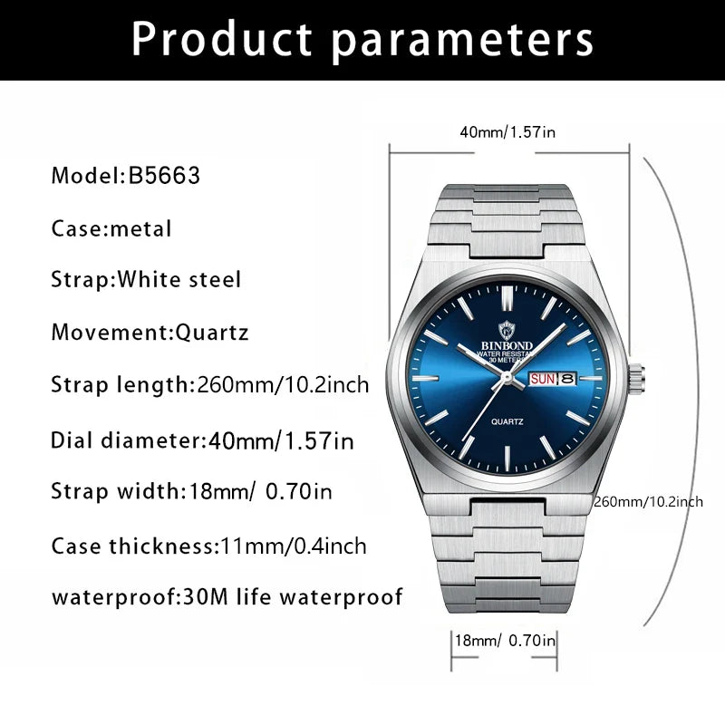 BINBOND Luxury Fashion Man Clock Top Business Waterproof Luminous Date Week Men's Watches Quartz Stainless Steel Men Wristwatch Vera Lux