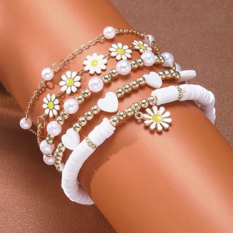 New 10 Pcs Vintage Bohemian Bracelet Set for Women Daisy Flower Pendant Beaded Star Heart Pearl Bangles 2024 Trendy Jewelry Gift Vera Lux
