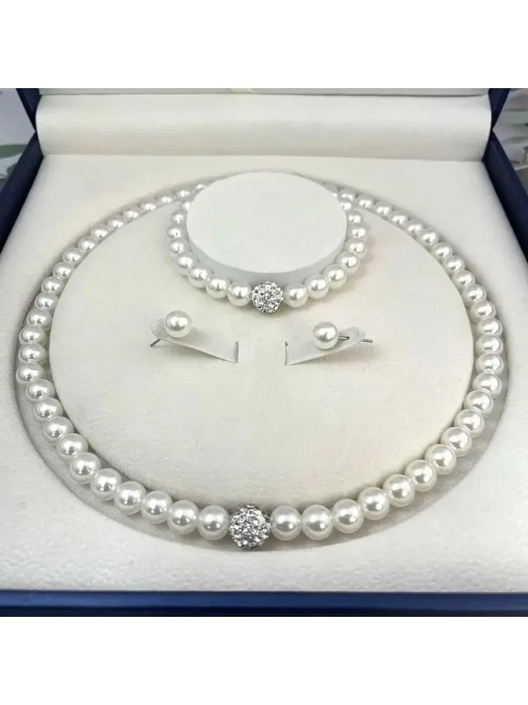 3 PCS Imitation Pearl Fireball Necklace Bracelet Earring Stud Jewelry Set Silver Color Crystal Stone Elegant Bridal Jewelry Gift Vera Lux