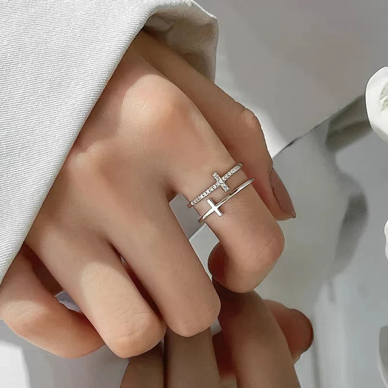 Fashion Double Layer Cross Open Ring For Women Minimalist Gold Silver Color Adjustable Finger Ring Female Party Wedding Jewelry Vera Lux
