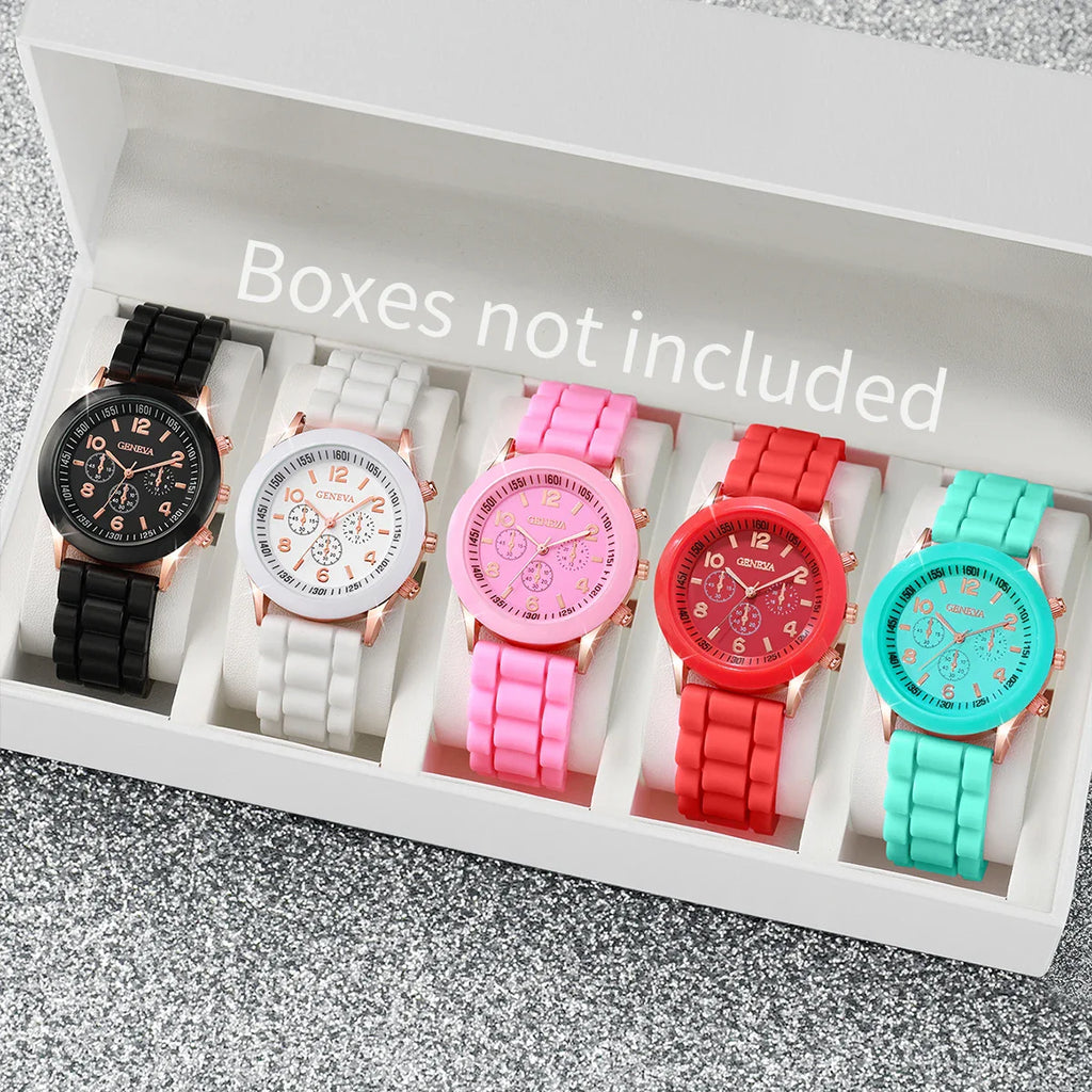 5PCS Women's Watches Fashion Roma Dial Leather Band Quartz Watch Ladies Silicone Band Wristwatch Reloj Mujer（Without Box） Vera Lux
