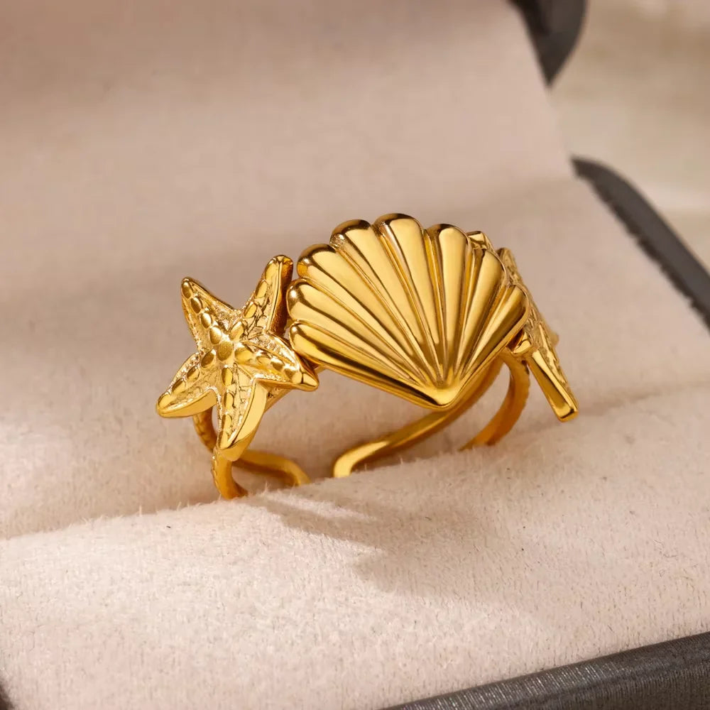 2025 Freshwater Anillos Stainless Steel Pearl Starfish Shell Rings For Women Punk Gold Color Vintage Waterproof Beach Jewelry Vera Lux