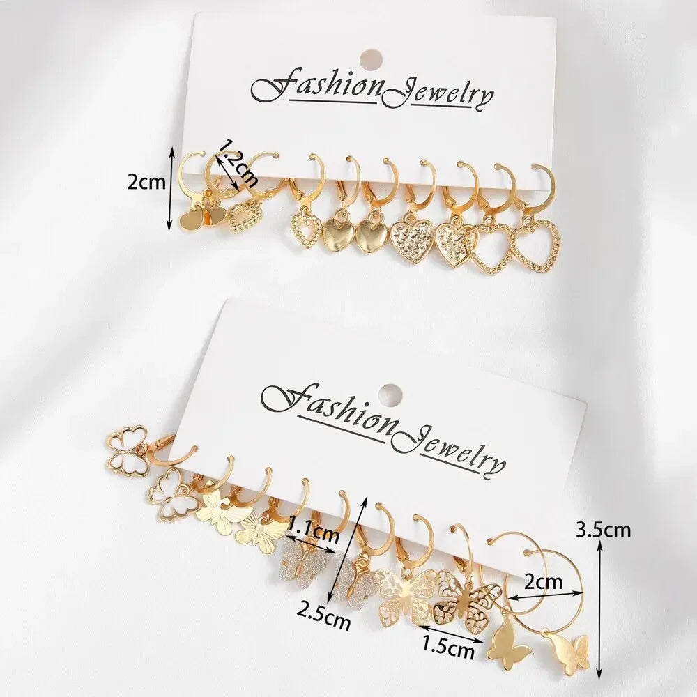 10pcs Gold Color Creative Simple Earrings Set for Women Fashion Temperament Hollowed-out Butterfly Love Earrings Jewelry Gifts Vera Lux