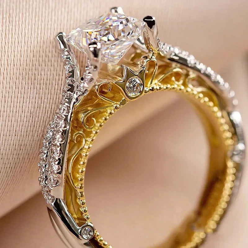 925 Sterling Silve Modern Fashion Princess CZ Two Tone Rings Luxury Bridal Wedding Unique Design Statement Jewelry for Women Vera Lux