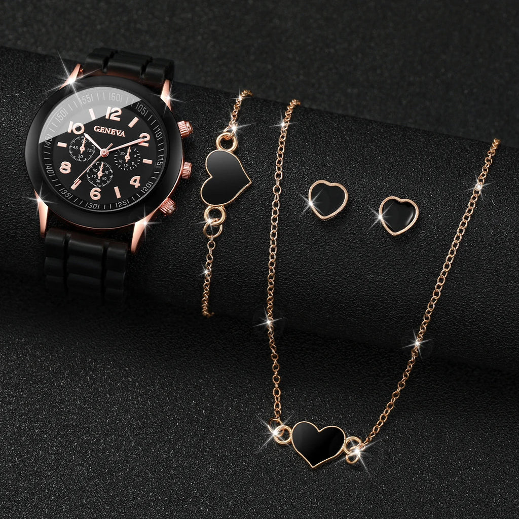 5/6PCS Women Watches Fashion Silicone Band Women Quartz Watches Jewelry Set Reloj Mujer Girls Clock Gift (Without Box) Vera Lux
