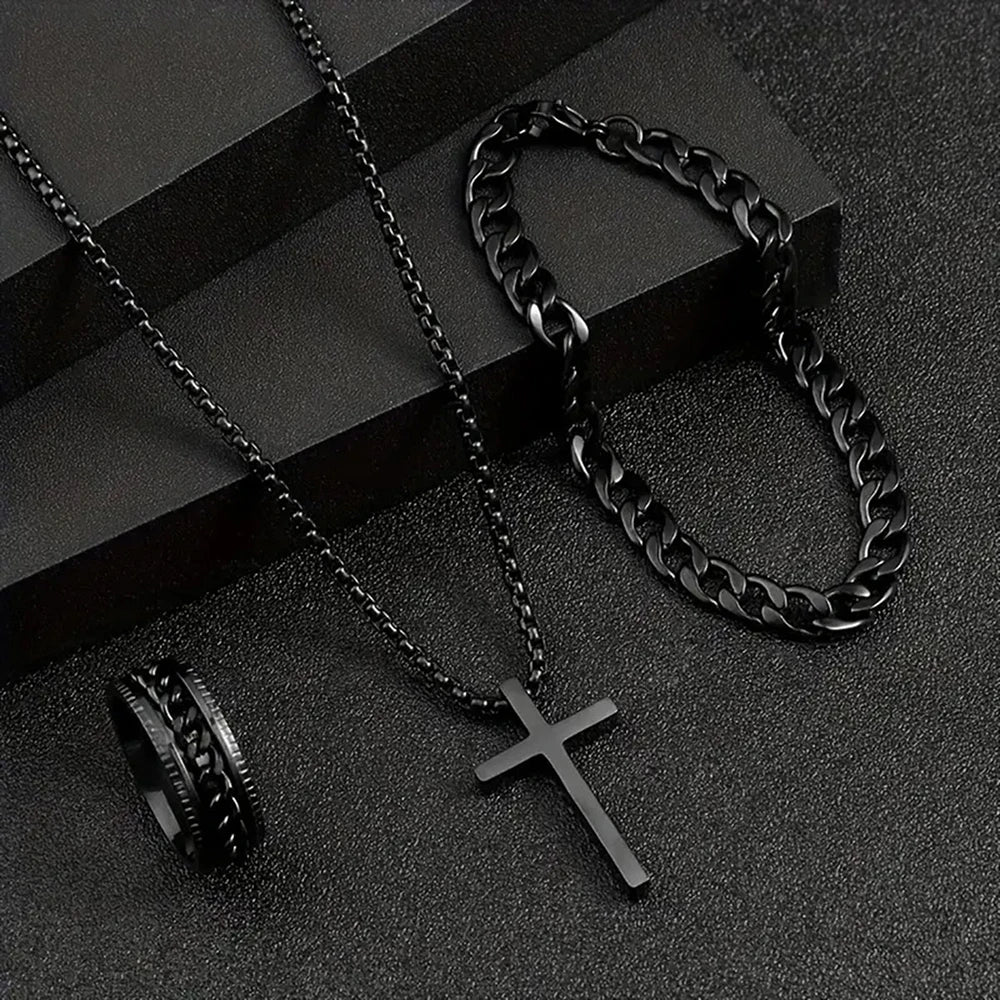 3pcs Set Men's Stainless Steel Metal Cross Pendant Chain Necklace Bracelet Ring Jewelry Set Male Hip Hop Daily Wear Accessories Vera Lux