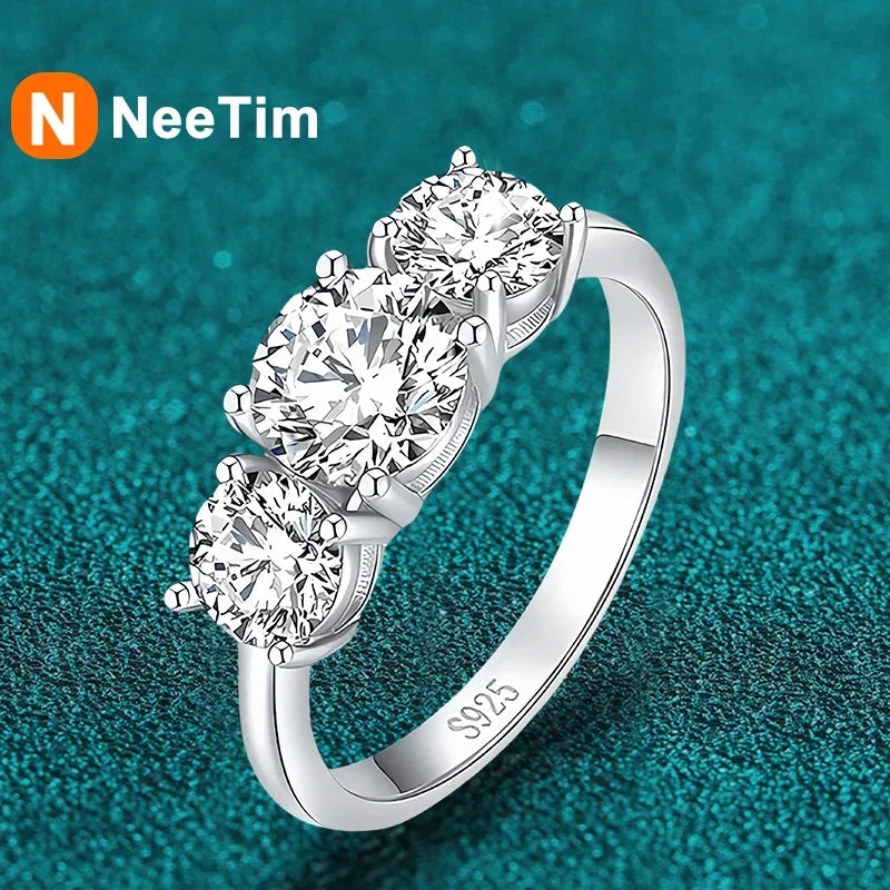 NeeTim 4CT Moissanite Engagement Ring for Women 3-stone S925 Sterling Silver with Gold Plated Wedding Band Promise Diamond Rings Vera Lux