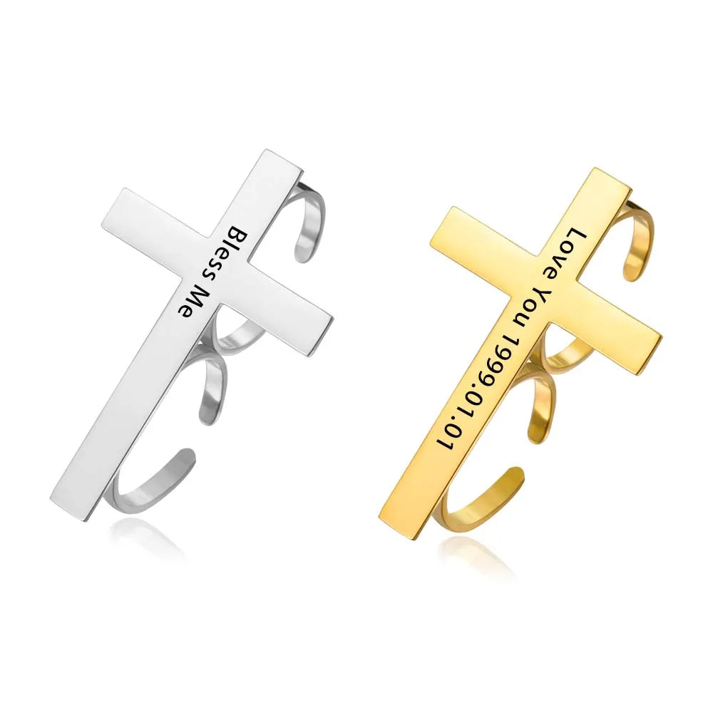 Cross Personalized Name Finger Ring Custom Gift For Woman Men Gold Color Stainless Steel Jesus Christian Amulet Talisman Jewelry Vera Lux