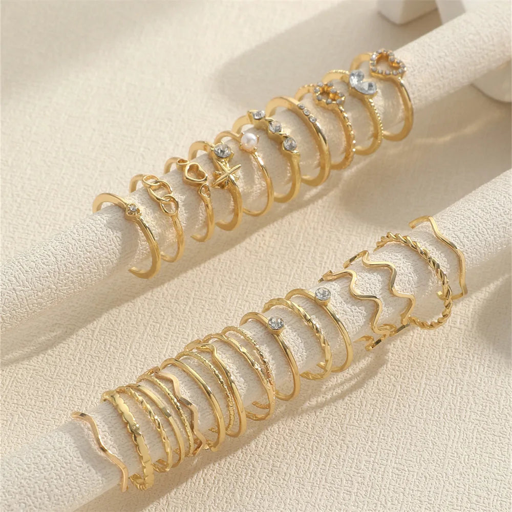 Fashion Simple Wave Joint Rings Set For Women Crystal Heart Shape Gold Silver Color Ring Female Party Jewelry Vera Lux