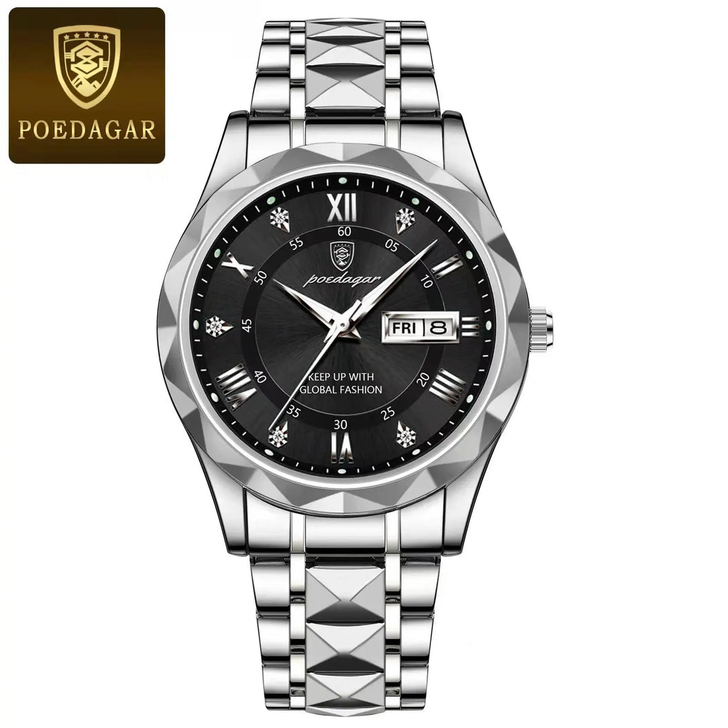 POEDAGAR Business Luxury Men's Watches Waterproof Stainless Steel Luminous Man Wristwatch Date Week Sport Men Quartz Watch Reloj Vera Lux