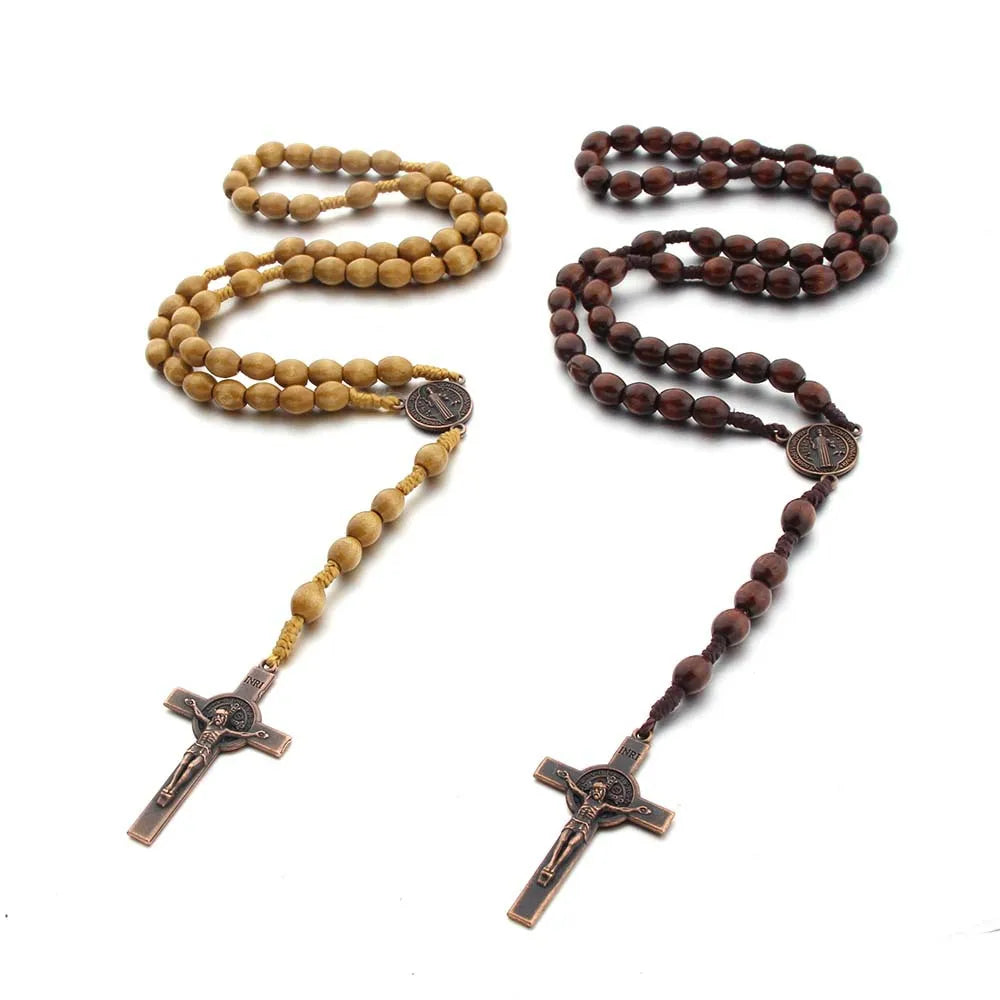 Handmade Wood Beads Rosary Necklace For Women Men Crucifix Cross Pendant Long braided Rope Chain Religious Prayer Jewelry Vera Lux