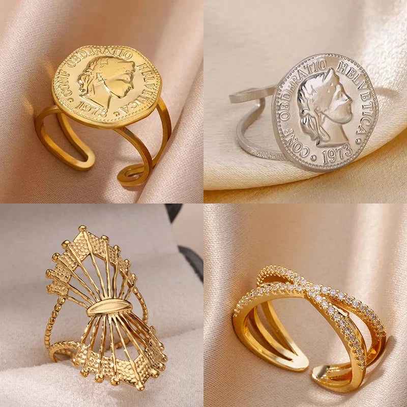 Stainless Steel Round Portrait Open Rings For Women Gold Color Adjustable Wedding Aesthetic Ring Party Fashion Jewerly Gift BFF Vera Lux