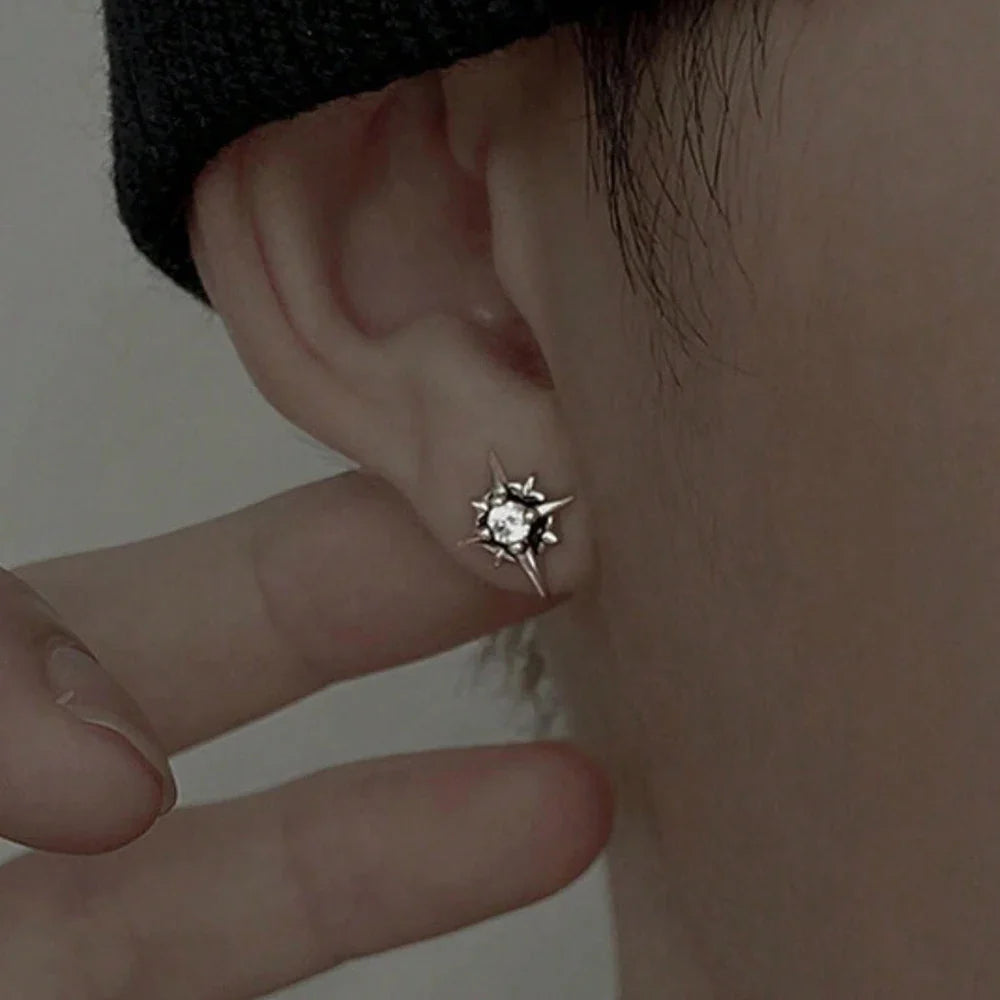 Black CZ Metal Star Earring Stud For Men Women Hip Hop Style Antique Silver Color Start Clear Crystal Couple Post Earrings Vera Lux