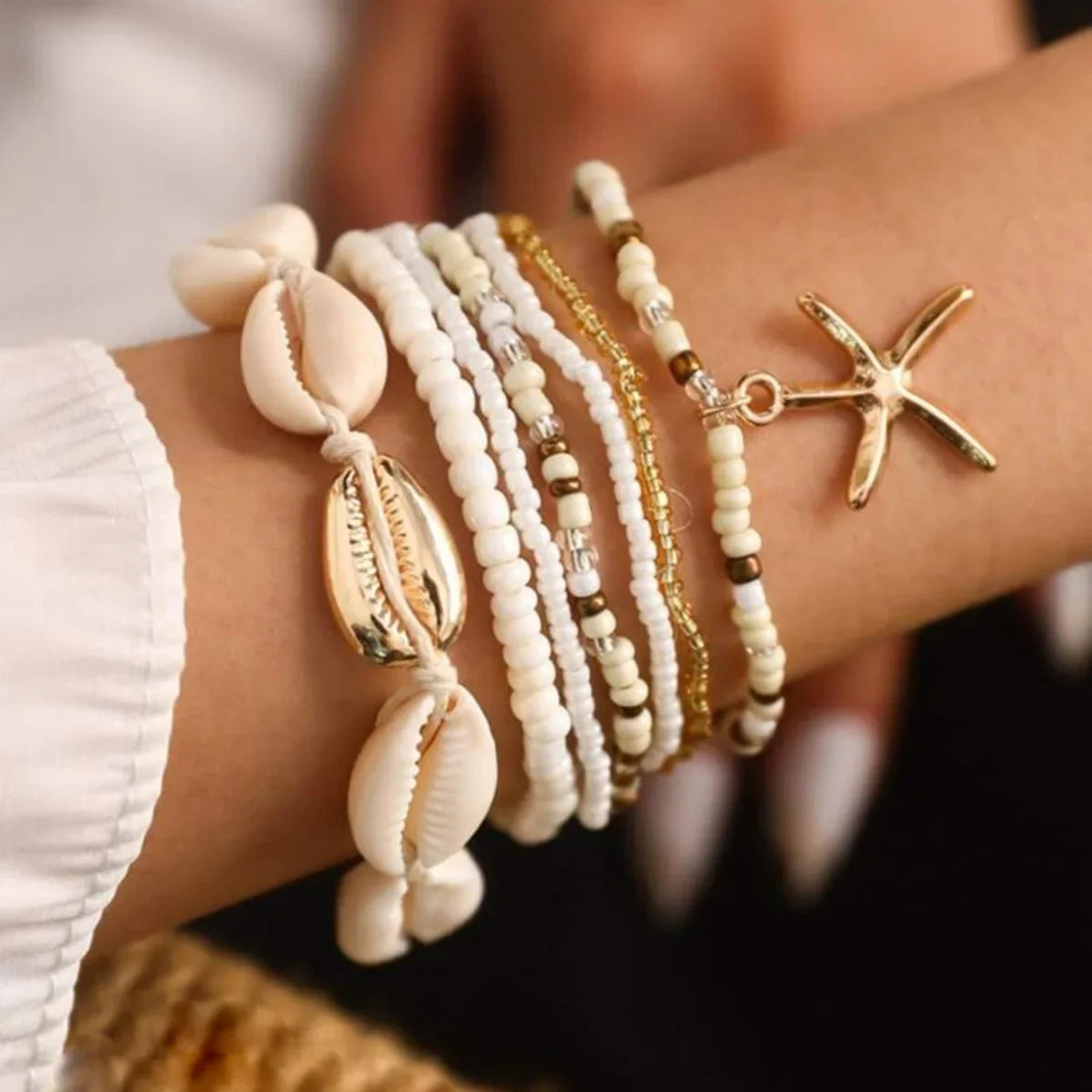 7pcs/set Bohemian Holiday Wind Shell Beaded Woven Bracelet Starfish Rice Beads Women's Bracelet Set Beach Party Seaside Holiday Vera Lux