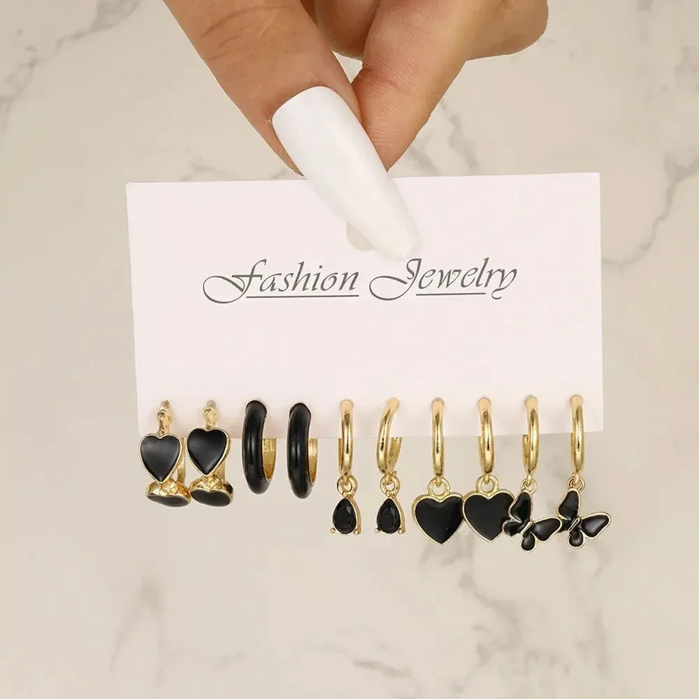 Simple 11 Pcs Black Heart  Leaf Butterfly Earrings Set for Women Fashion Temperament Hoop Earring Holiday Wedding Jewelry Gift Vera Lux