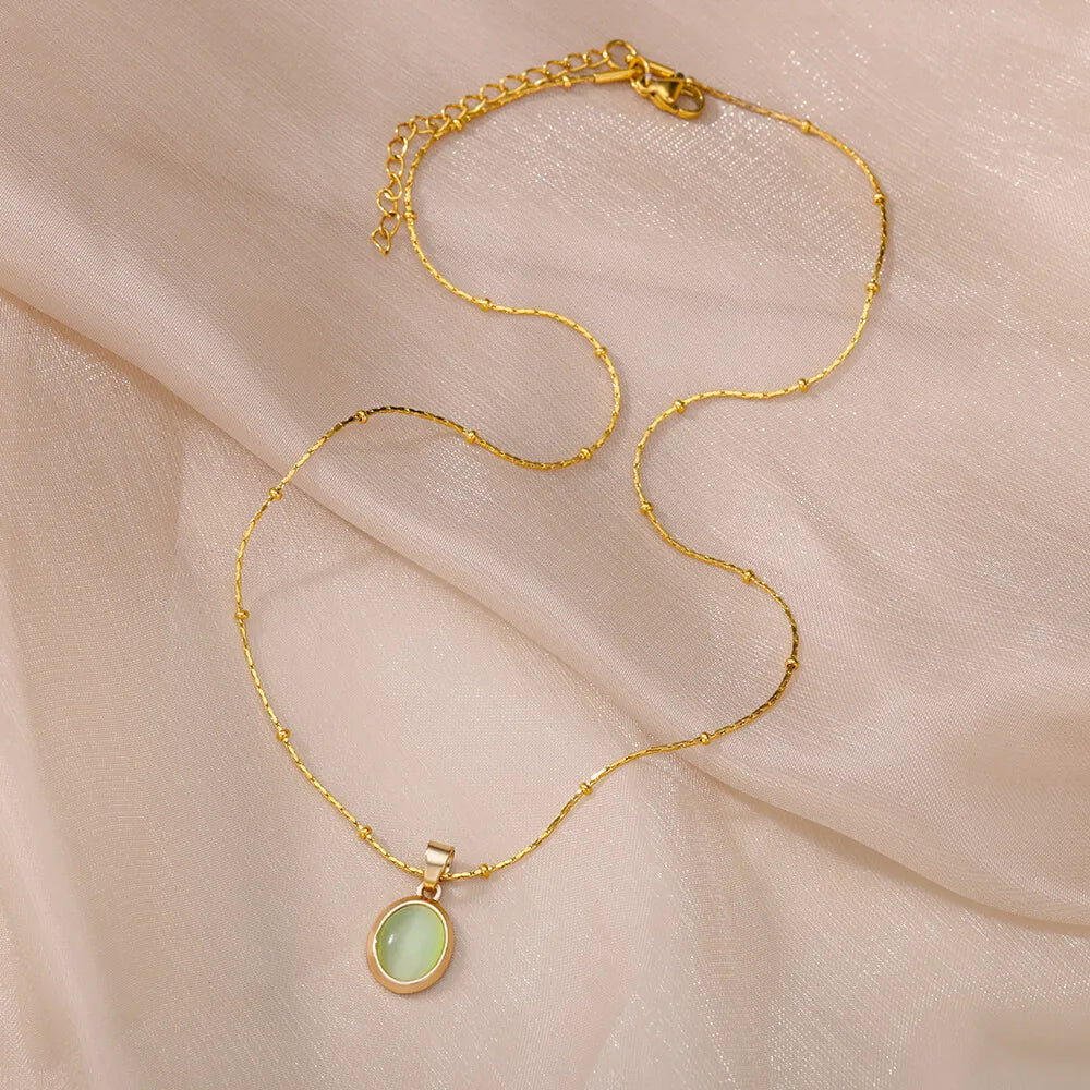 Round Opal Necklace For Women Girls Stainless Steel Natural Stone Pendant Chains Choker Necklaces New In Jewelry Gift Collier Vera Lux