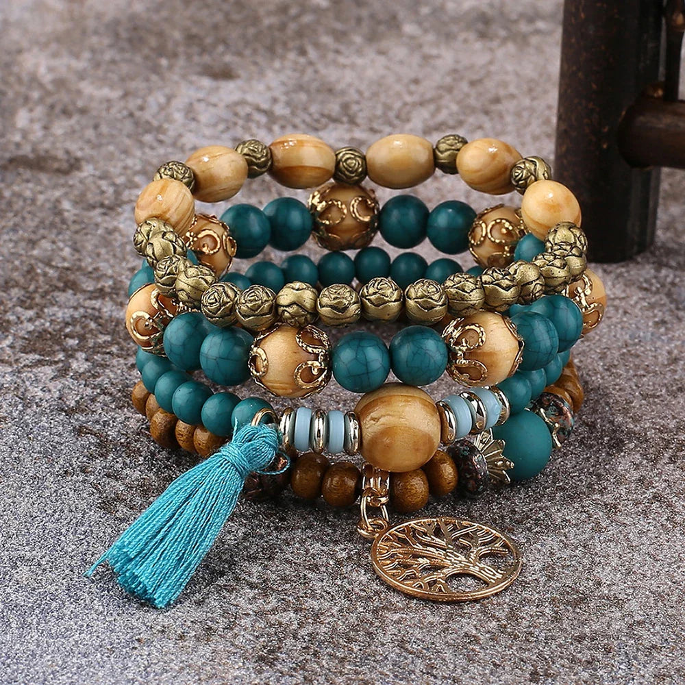 Boho Tree Of Life Bracelet Set For Women Fashion Tassels Charm Wooden Beads Elastic Chain Bangle Girl Trendy Party Jewelry Vera Lux