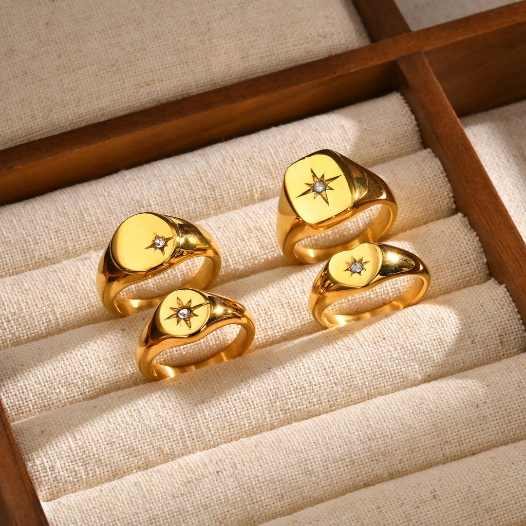 Stainless Steel Sunshine Signet Pinky Ring, Cubic Zirconia Inlay Ring Gold Plated, Non-Tarnish Fashion Jewelry Vera Lux
