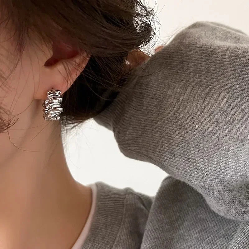 Personality Irregular Wavy Pleated Hoop Earrings for Women New Charm Gold Color Stainless Steel Dangle Jewelry Accessories Gift Vera Lux