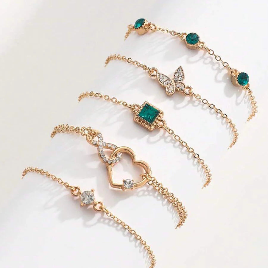 5 PCS Set Hallow Out Heart Green Crystal Stone Bracelet Set For Women Gold Color Lovely Butterfly Rhinestone Girls Bracelet Set Vera Lux