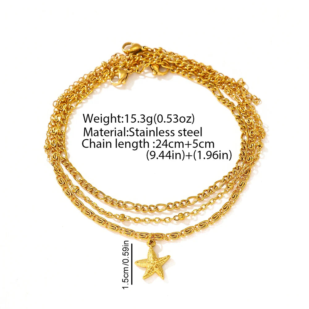 woiwoi Stainless Steel Anklet Starfish Triple Stacking Chain Light Luxury Fashion Elegant Ladies Anklet Jewelry Party  Match Vera Lux