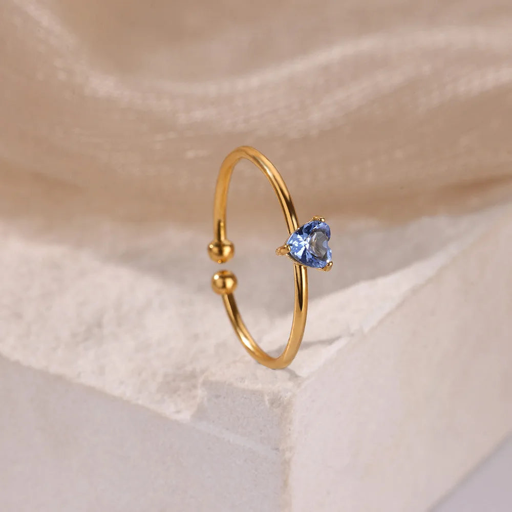 Stainless Steel Birthstone Open Rings for Women Fashion 12-color Crystal Zircon Heart Ring Birthday Aesthetic Jewelry Gift Vera Lux