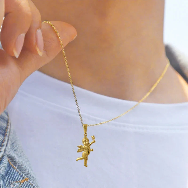 Vintage Stainless Steel Cupid Charm Pendant Necklace Waterproof 18K Gold Plated Necklace Unisex Jewelry Gift Vera Lux