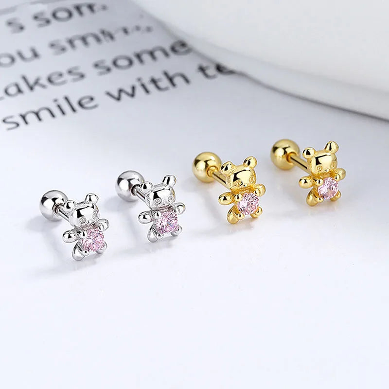 925 Sterling Silver Adorable Bear Ear Studs Screw-On Ear Plugs Stylish Ear Jewelry Exquisite Gift Vera Lux
