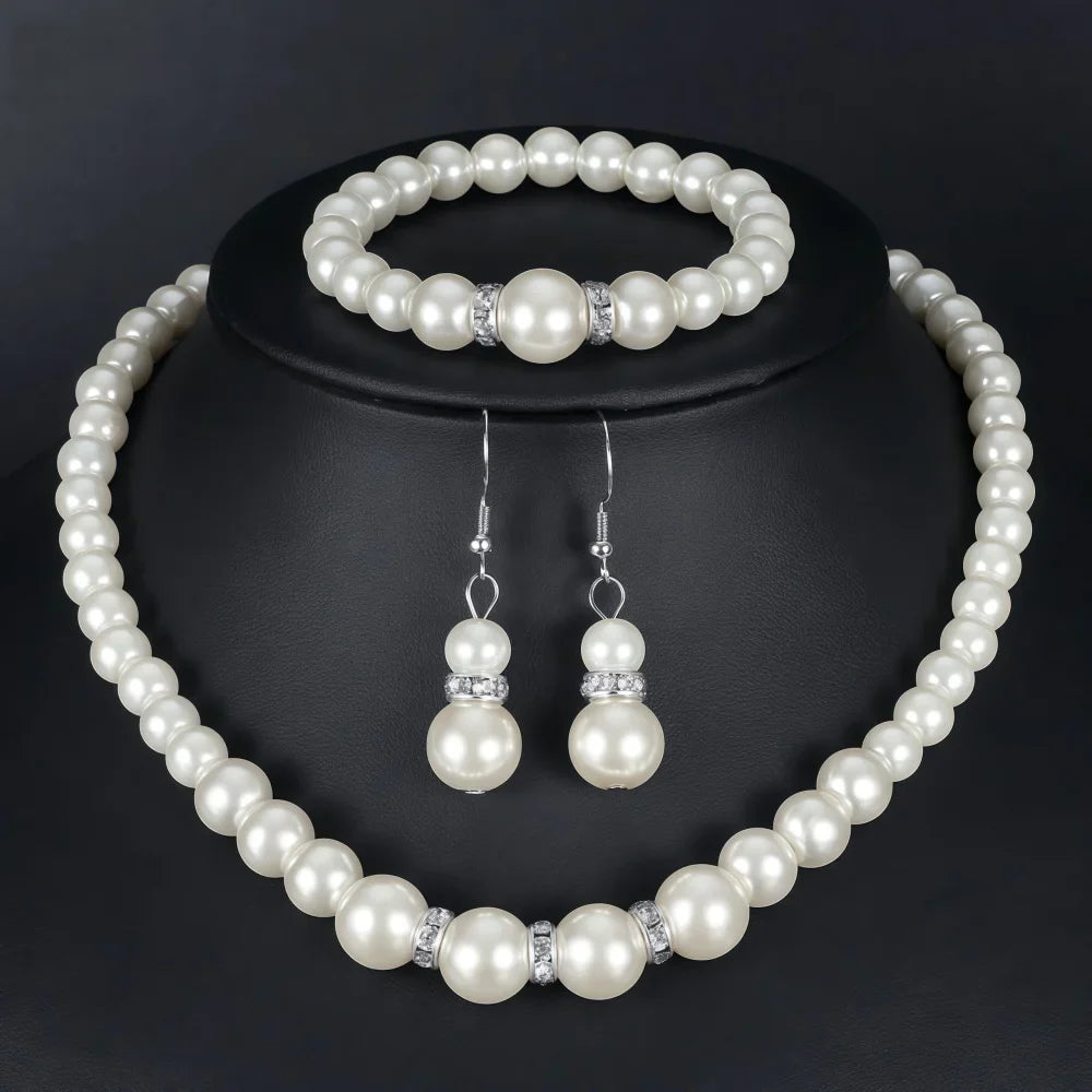 3 PCS Imitation Pearl Fireball Necklace Bracelet Earring Stud Jewelry Set Silver Color Crystal Stone Elegant Bridal Jewelry Gift Vera Lux