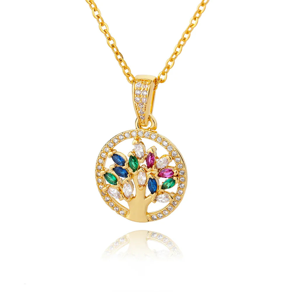 Zircon Tree of Life Round Pendant Necklaces For Women Stainless Steel Chain Choker Rhinestone Collar Jewelry Gift Femme Vera Lux